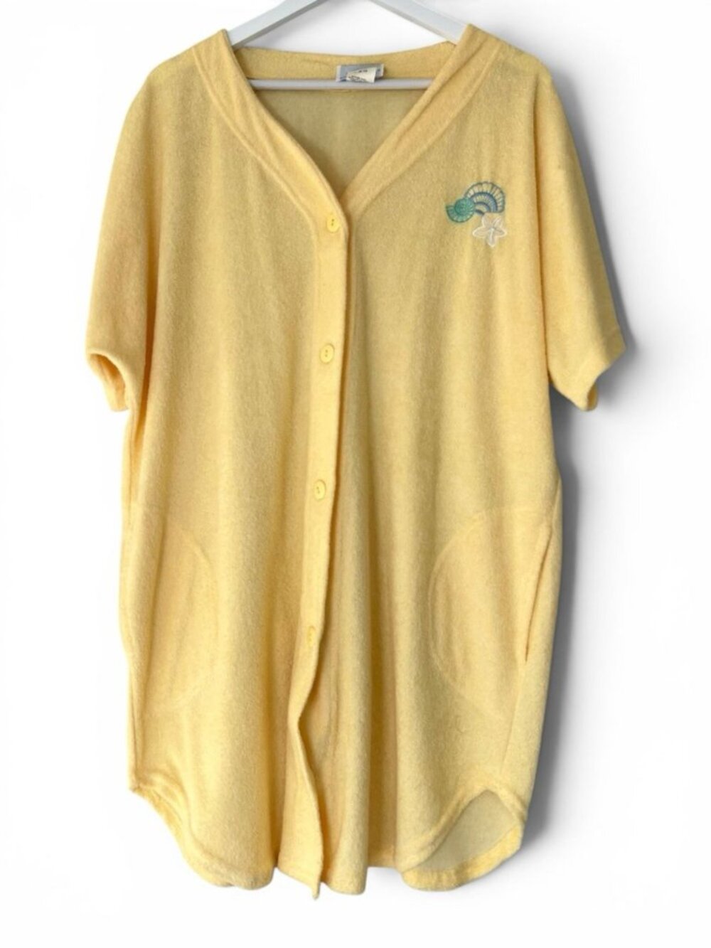 Leisure Life Terry Cloth Beach Cover Up Yellow Seashell Embroidered Button Front